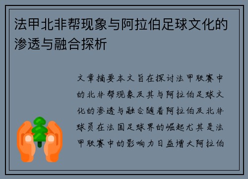 法甲北非帮现象与阿拉伯足球文化的渗透与融合探析