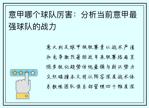 意甲哪个球队厉害：分析当前意甲最强球队的战力